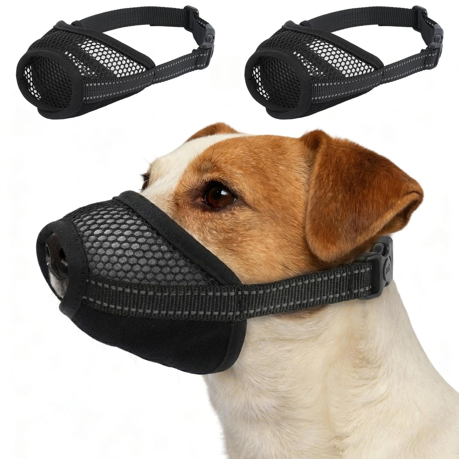 Dog Muzzle Soft Mesh Adjustable Pet Nylon Muzzles Breathable Reflective 2 PCS