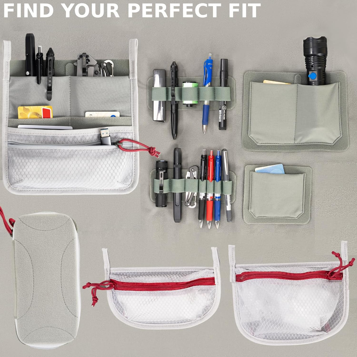 Multi Pocket Admin Organizer for Backpack, Hook and Loop Pouch Mesh Zipper Pouch