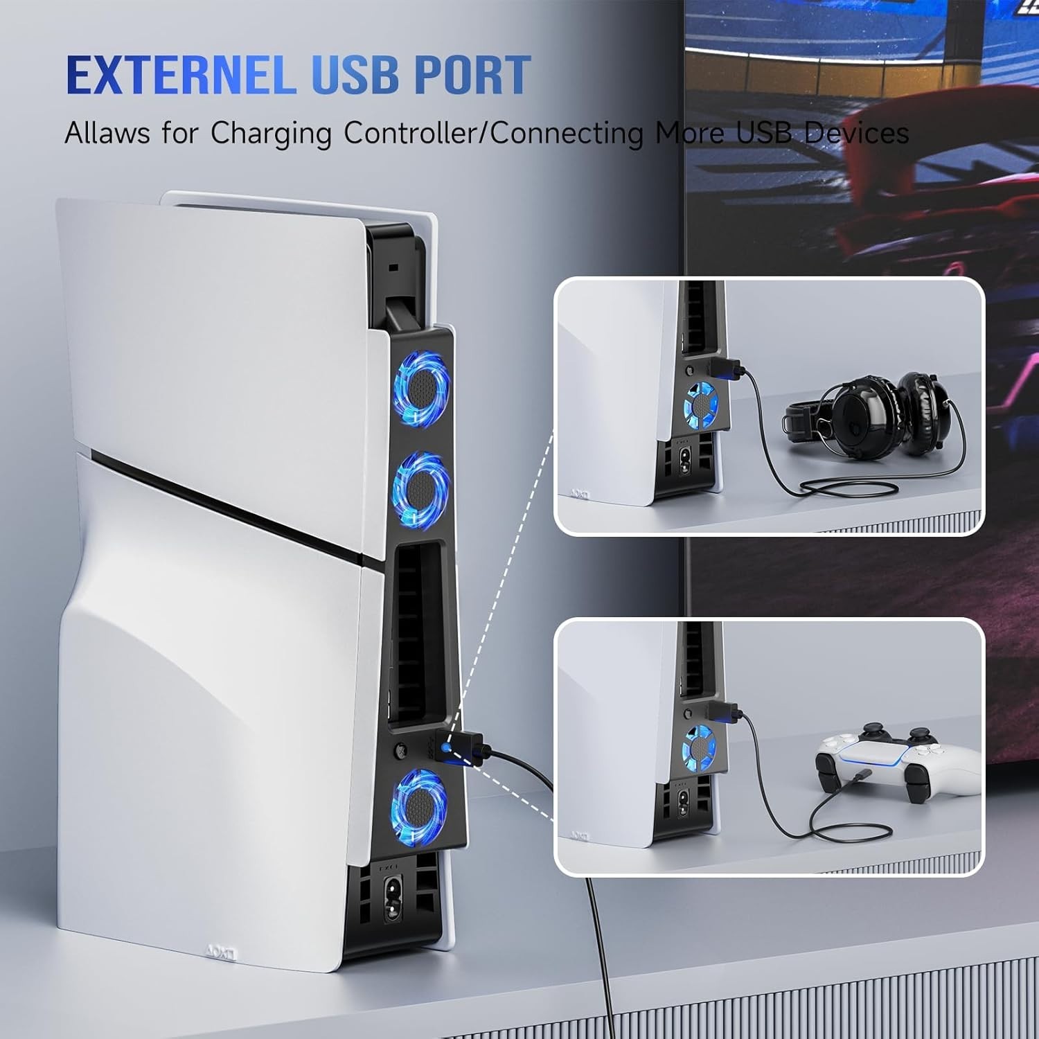 Whisper-Quiet PS5 Slim Cooling System with Enhanced Airflow & LED Indicator