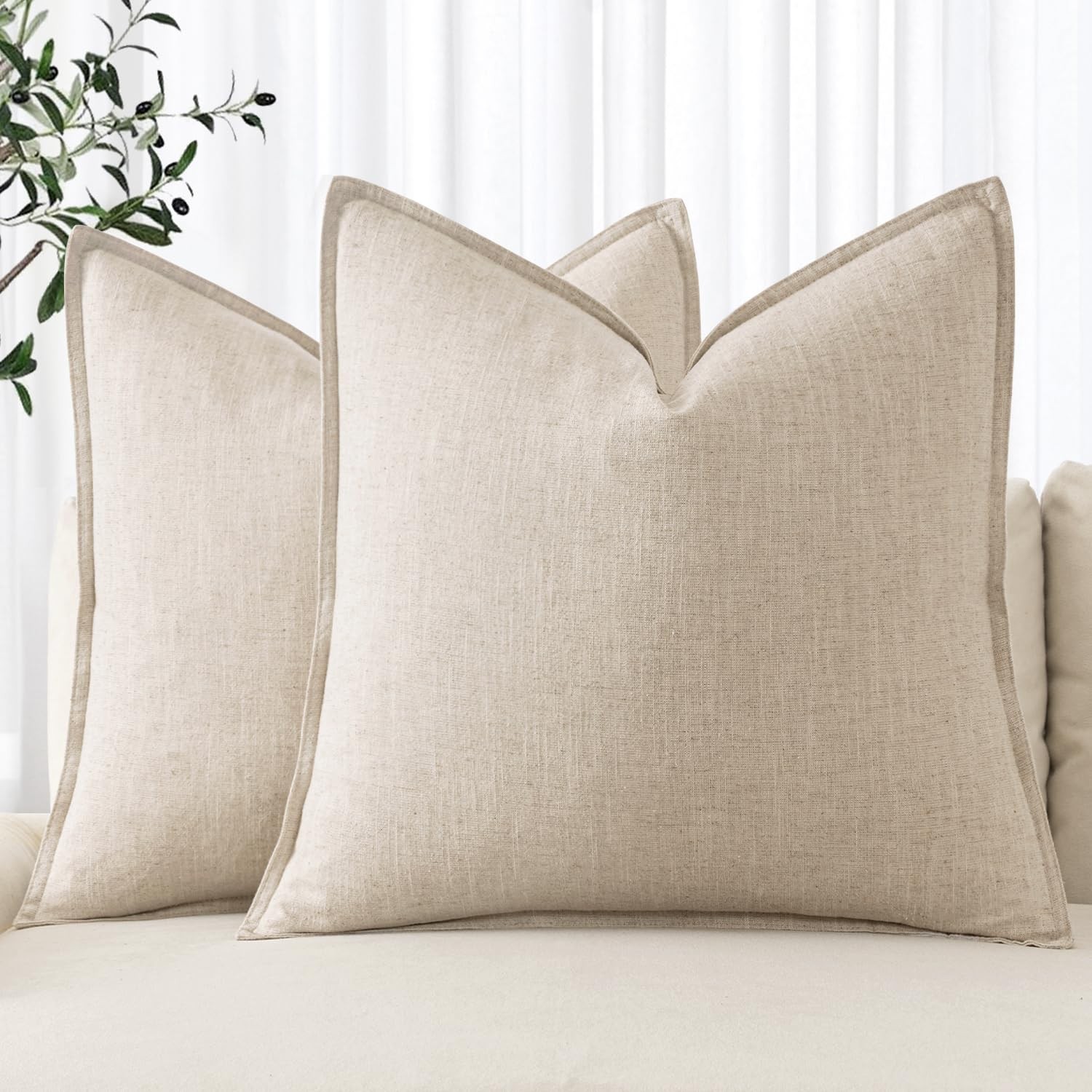Decorative Linen Euro Sham Pillow Covers 24x24 Natural Beige Boho Farmhouse N...
