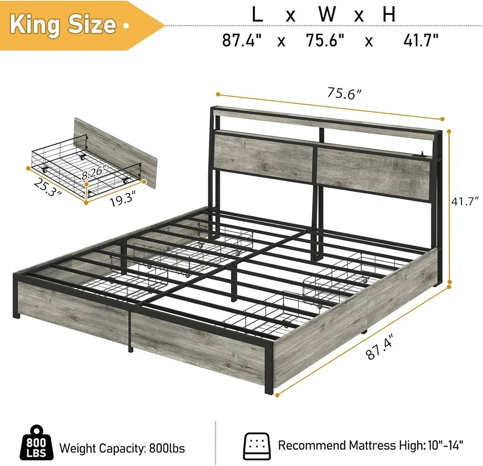 Full Queen King Bed Frame with Storage Headboard ,Charging Station & LED Lights