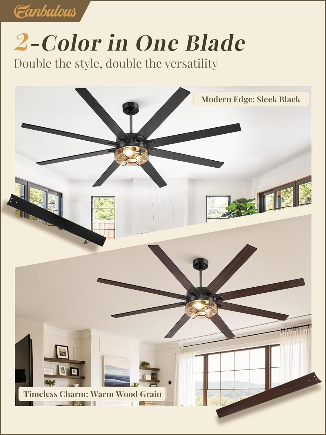 72" Rustic Ceiling Fan with Lights, Remote Control & Silent DC Motor