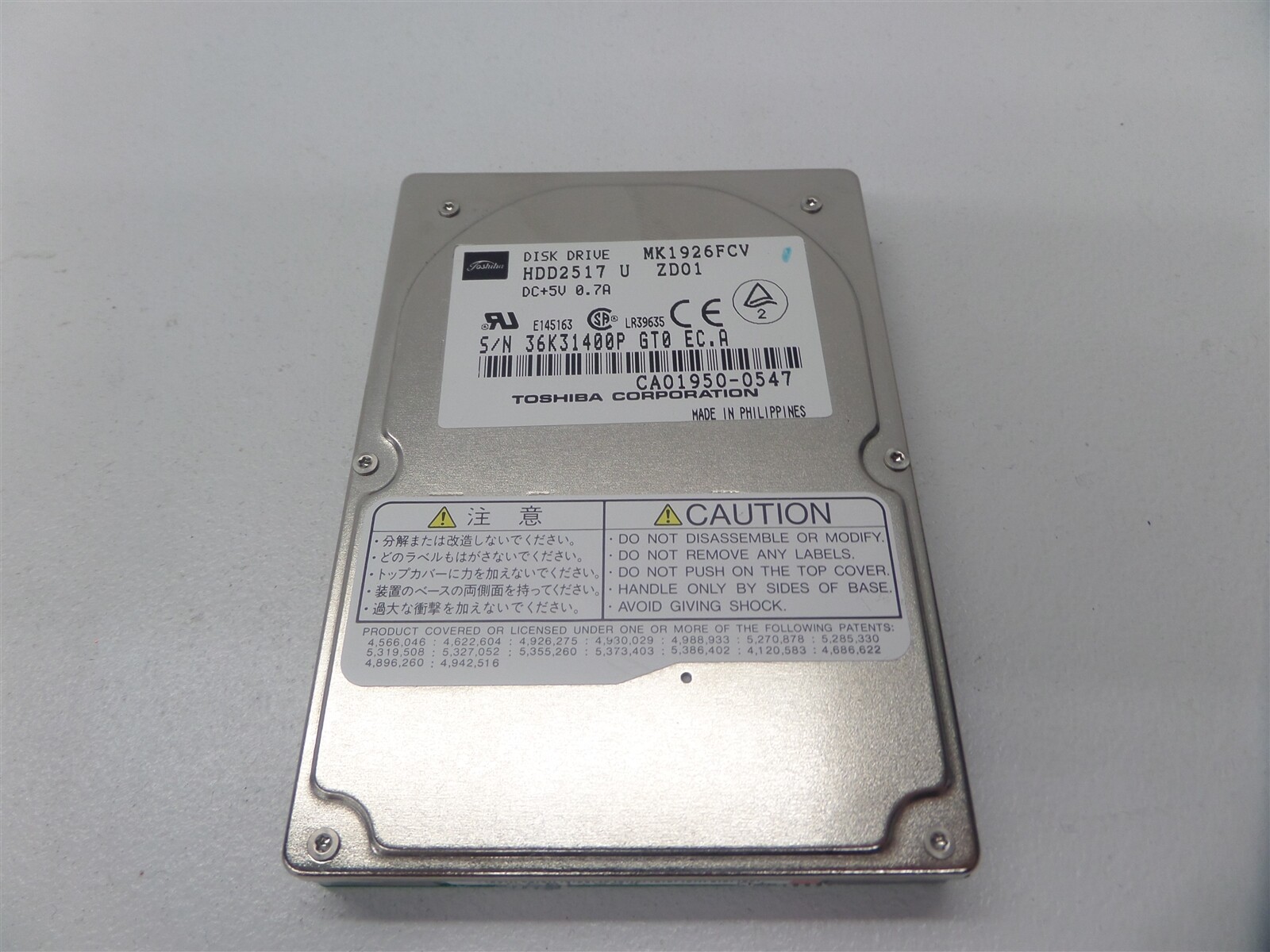 Vintage Toshiba MK1926FCV HDD2517 U ZD01 814MB 2.5" IDE Hard Drive