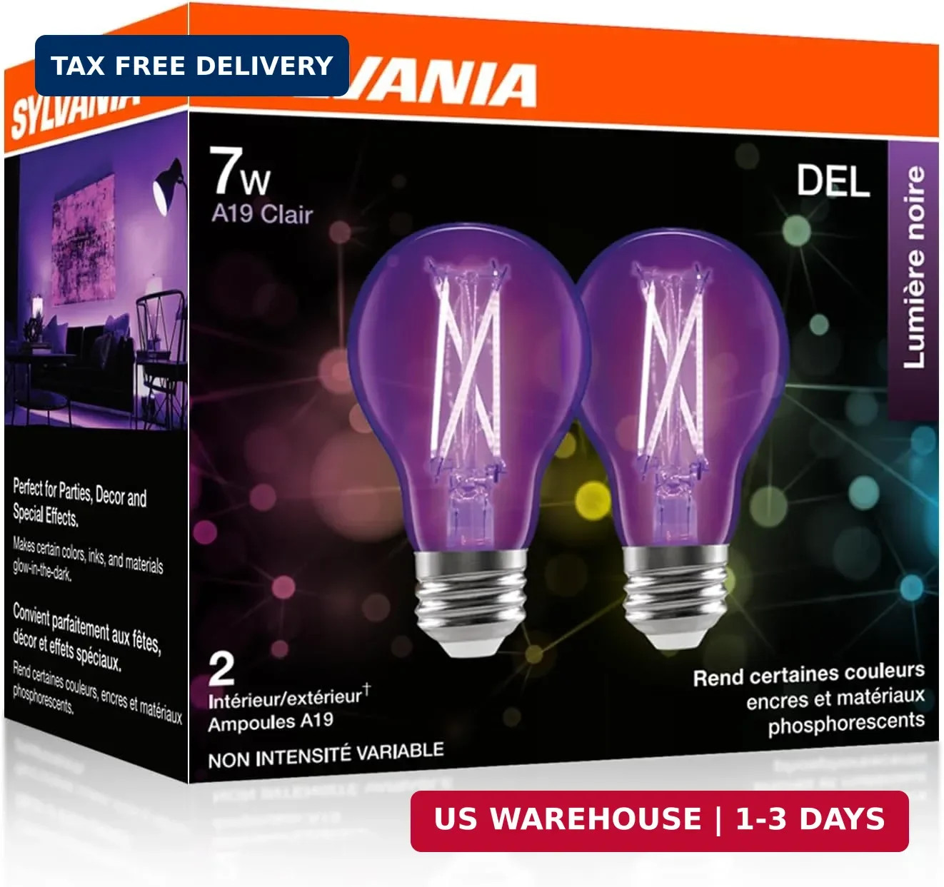 Sylvania Black Light LED Light Bulb, 7W, A19, Medium Base, Clear - 2 Pack (45052