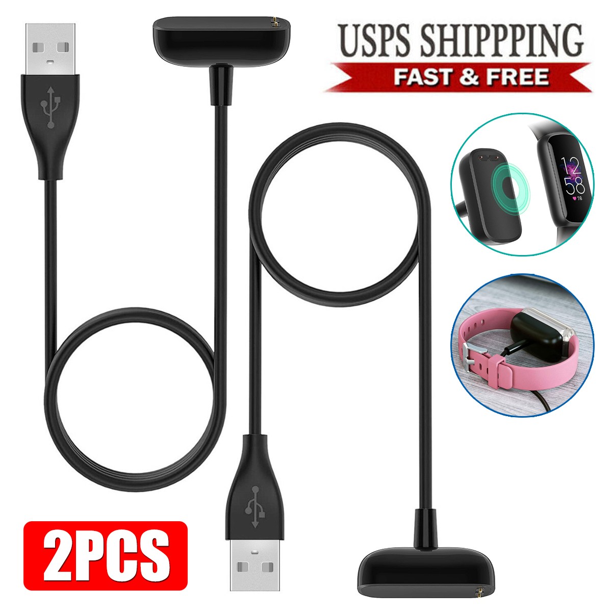 2Pcs 50cm Smart Watch Charger For Fitbit Luxe Band Magnetic USB Charging Cable