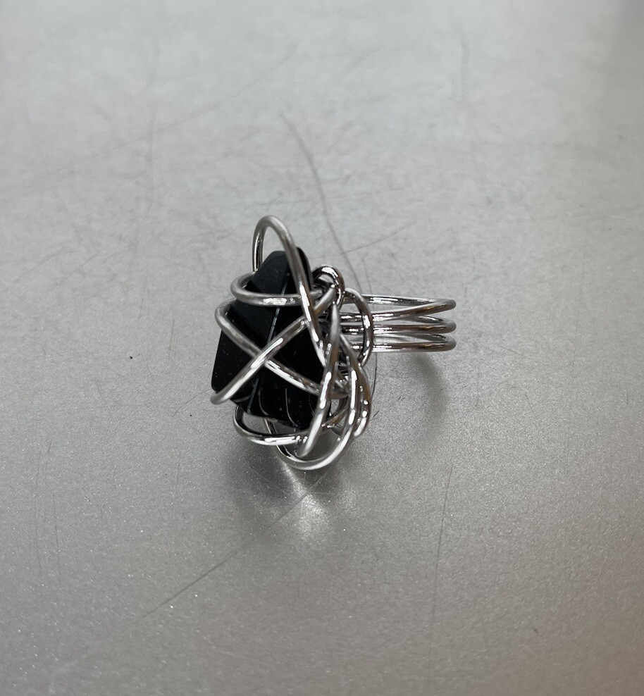 Wire Wrapped Black Stone Silver Ring Boho Summer Size 6.5 Approx. Artesian