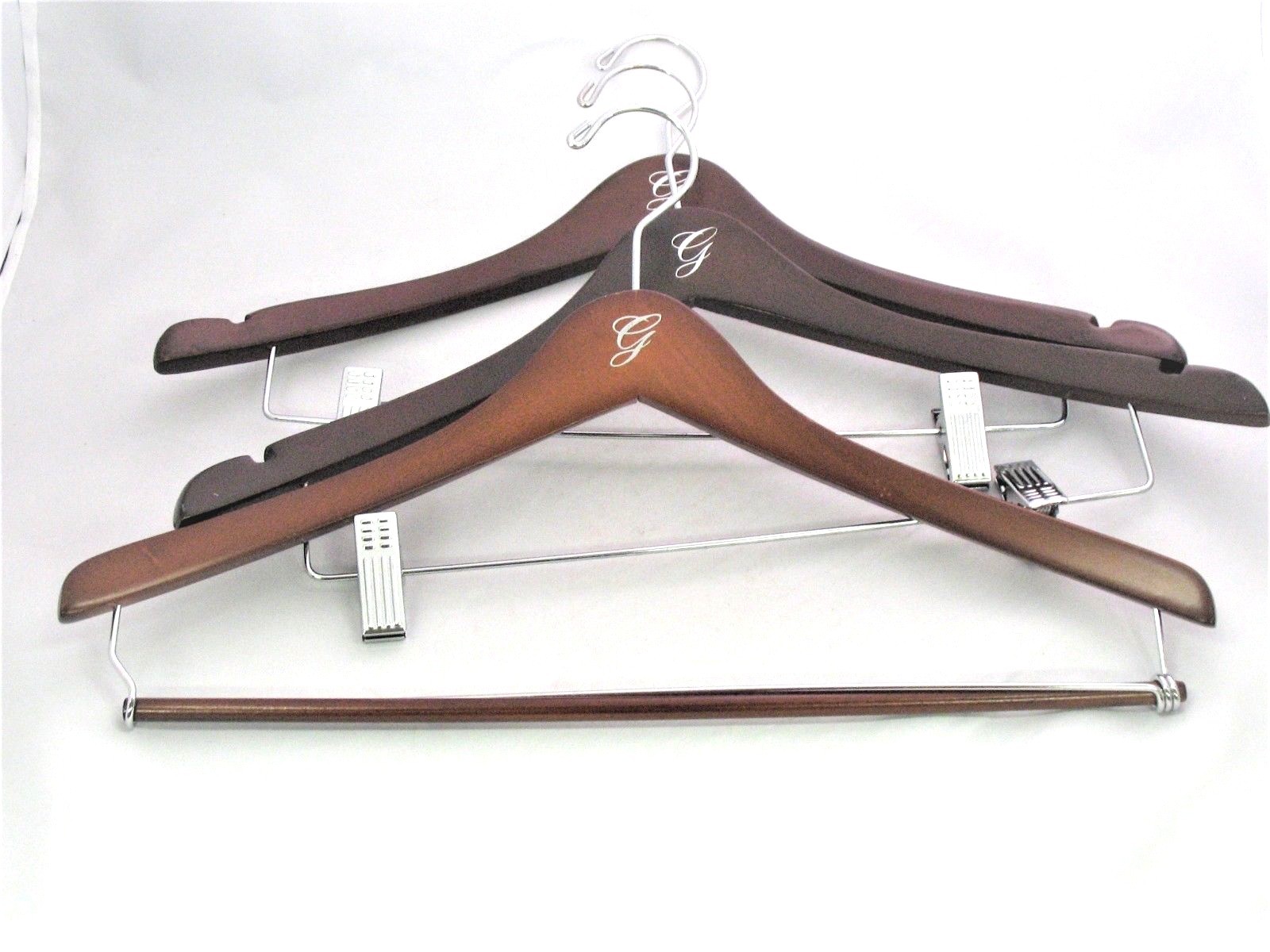 Lot of 3 Wooden Curved 17" Suit Pants Jacket Clothes Hangers w/ G Monogram