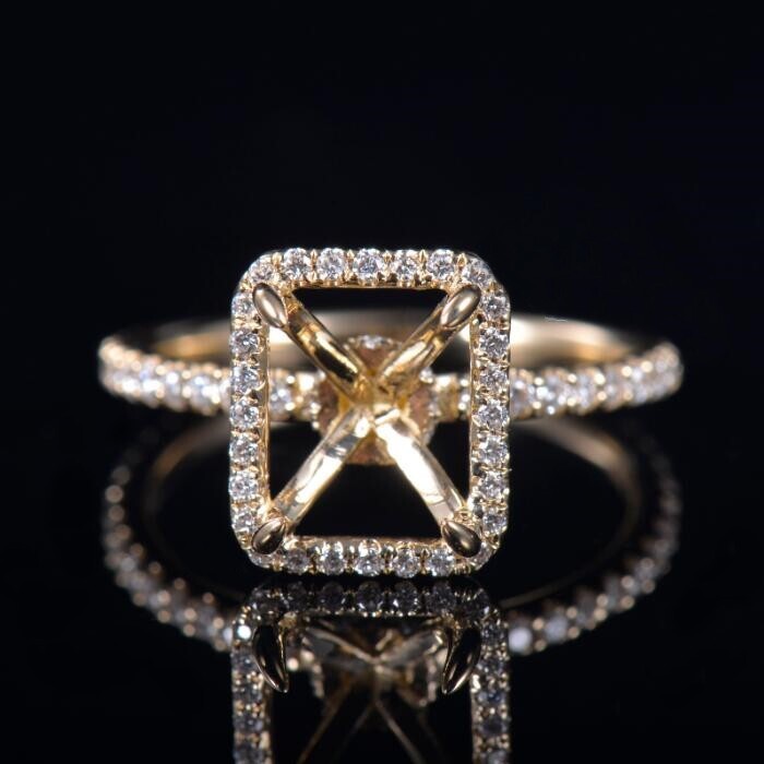 Emerald Cut 8×6mm Lab Diamond Promise Women Halo Ring Semi Mount 14K Yellow Gold