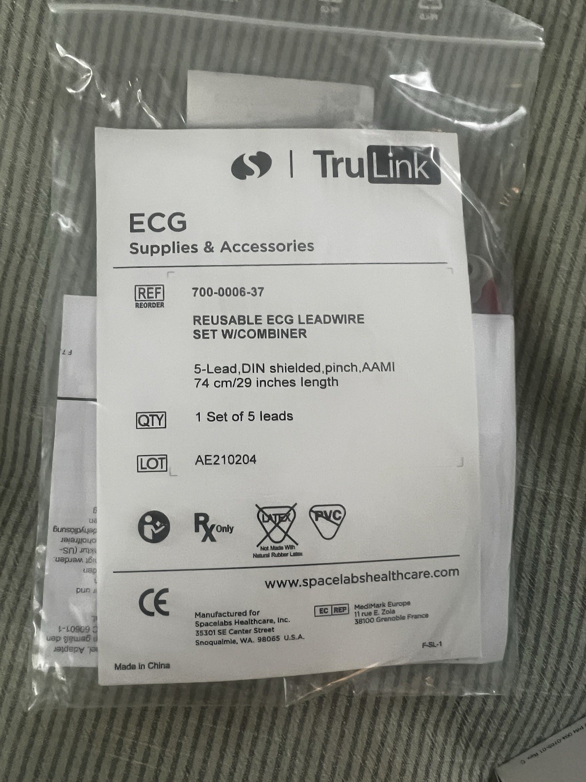 TruLink 700-0006-37 Reusable ECG/EKG 5-Lead Leadwire Set w/ Combiner Clip