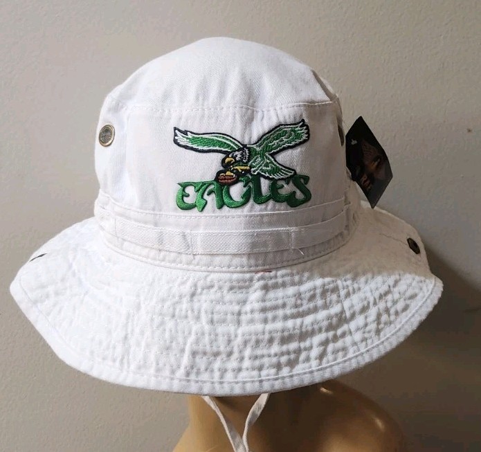 Philadelphia Eagles Throwback White Boonie Hat Side Snaps Up & Chin Strap