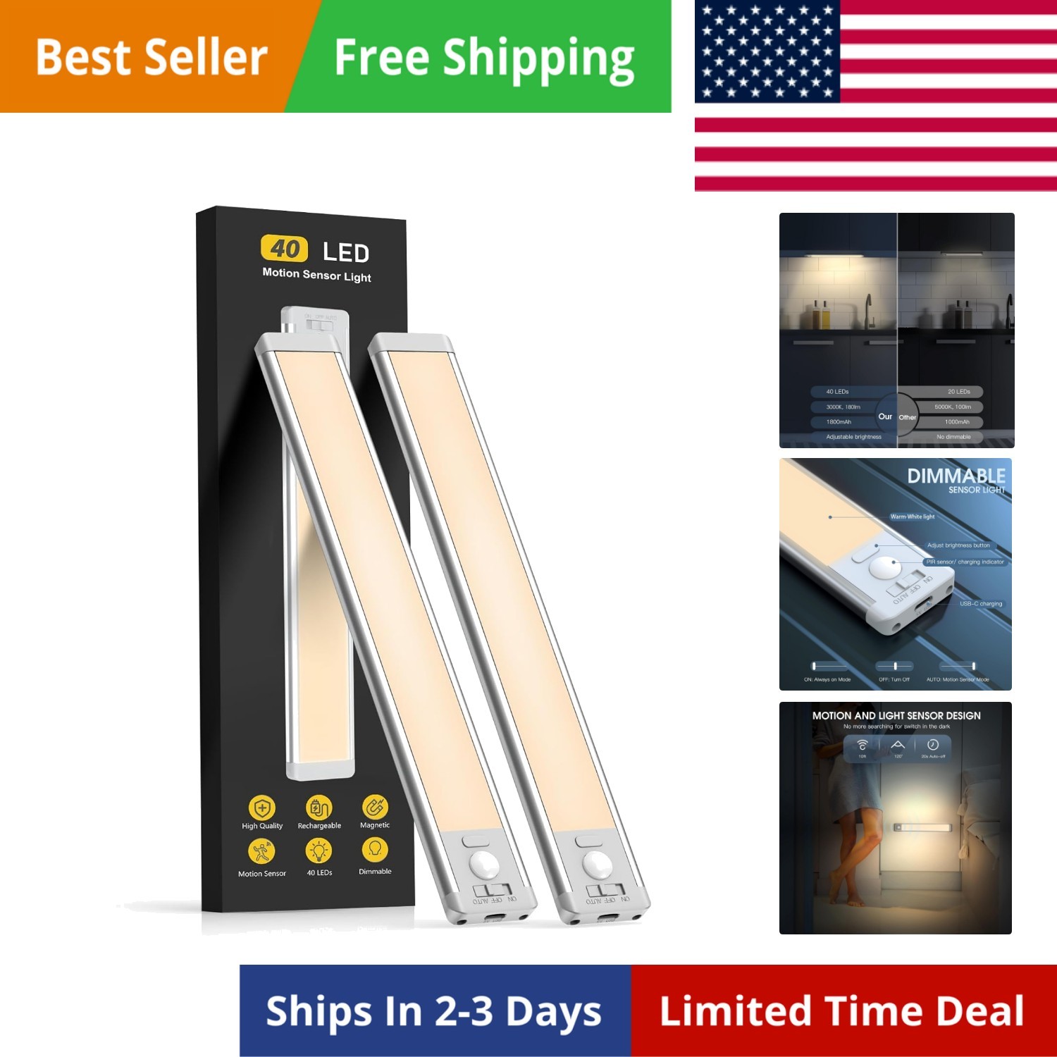 10inch Under Cabinet Lighting, 2 Pack Rechargeable Motion Sensor Light Indoor...