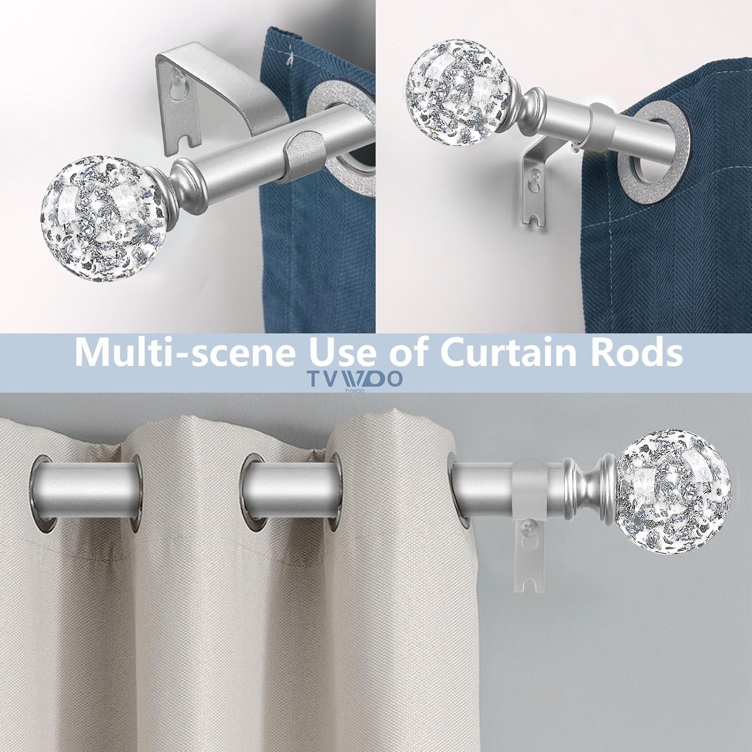 Decorative Curtain Rod with Crystal Finials Adjustable 18-45" Telescoping Silver