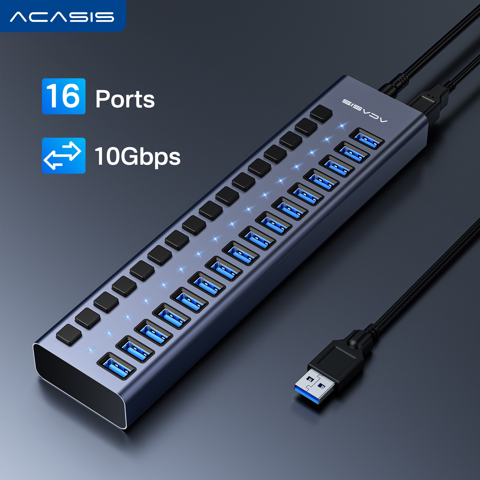 Acasis 10Gbps USB 3.1 Hub 16 Port On/Off Switch with AC Power Adapter for Laptop