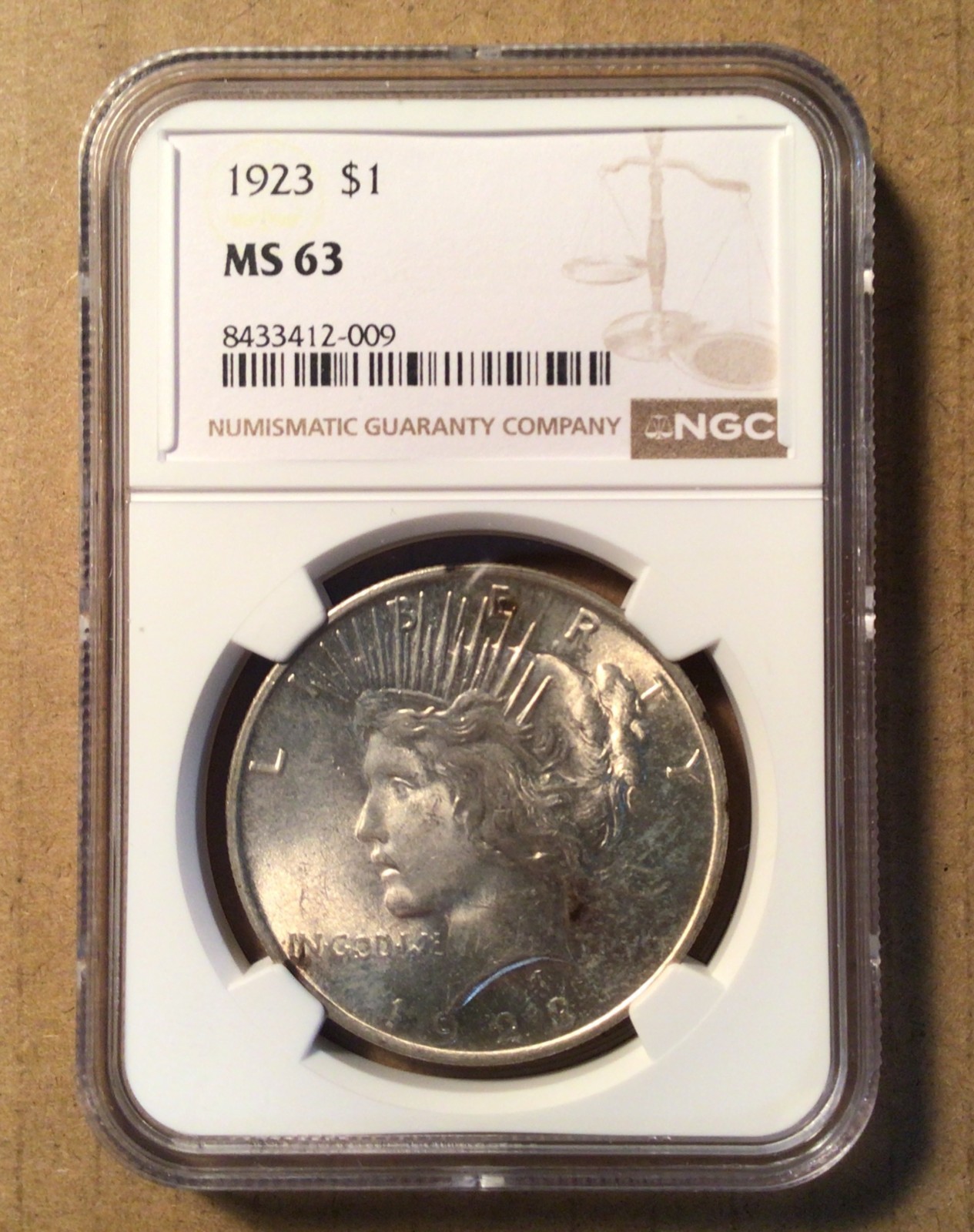 1923-P Peace Silver Dollar, Certified NGC MS 63
