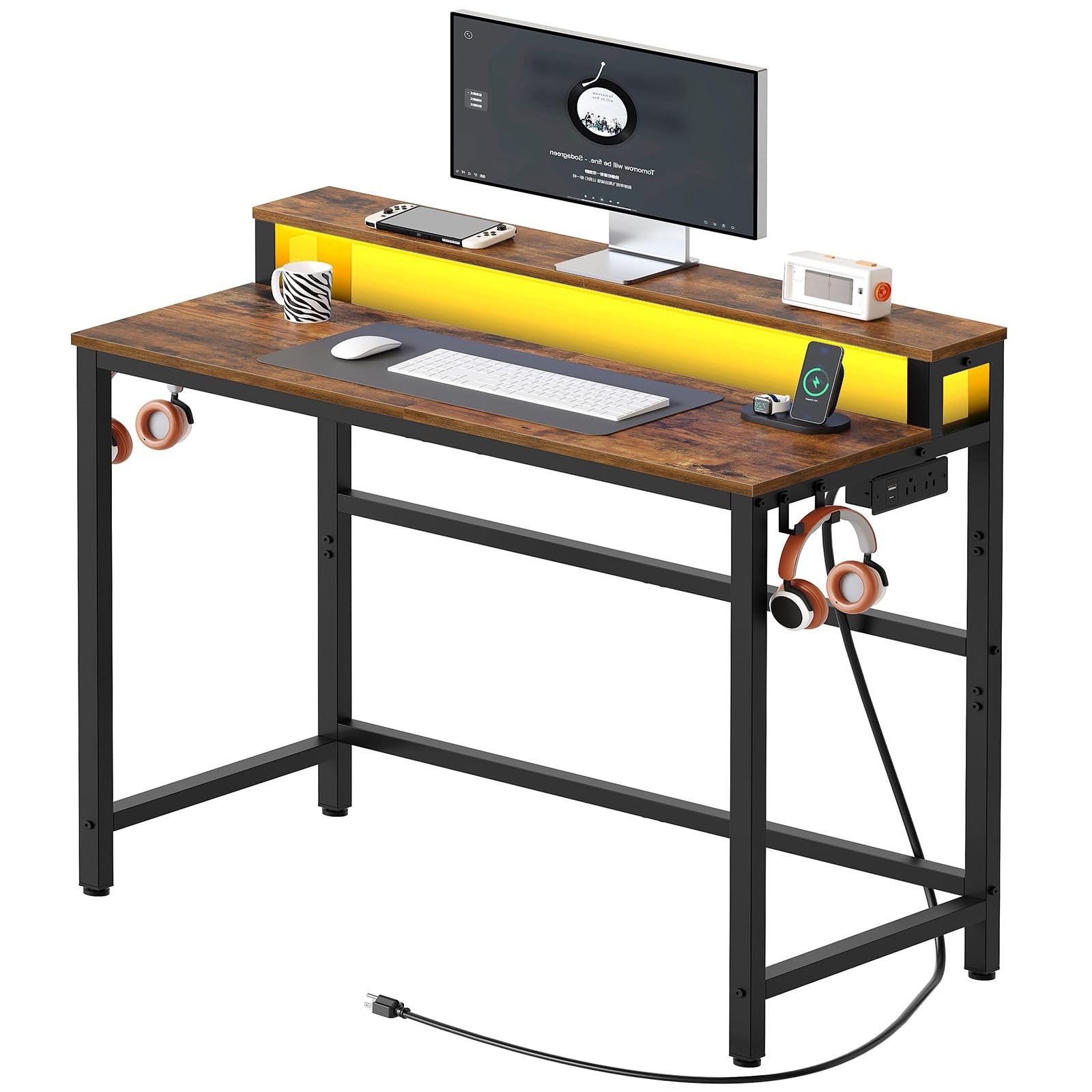 Small Computer Desk with Charging Station and LED Lights, Gaming Desk with Monit
