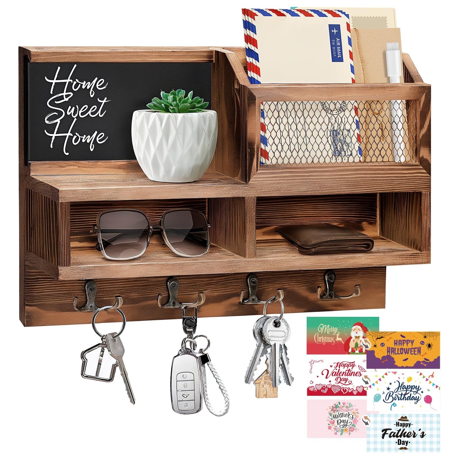 Key Holder Wall Mount, Wooden Mail and Key Organizer with Chalkboard and Mirr...