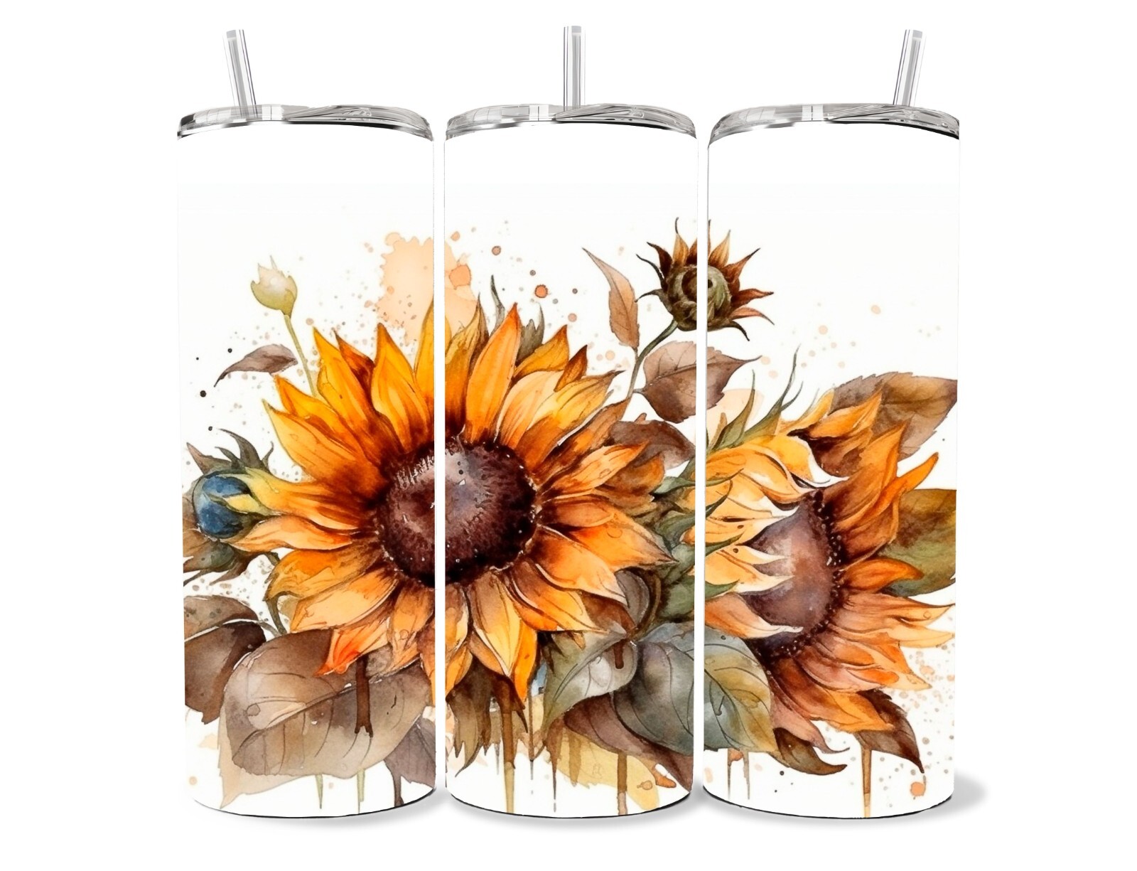 WATERCOLOR SUNFLOWERS  20 OZ TUMBLER STAINLESS STEAL W/ STRAW