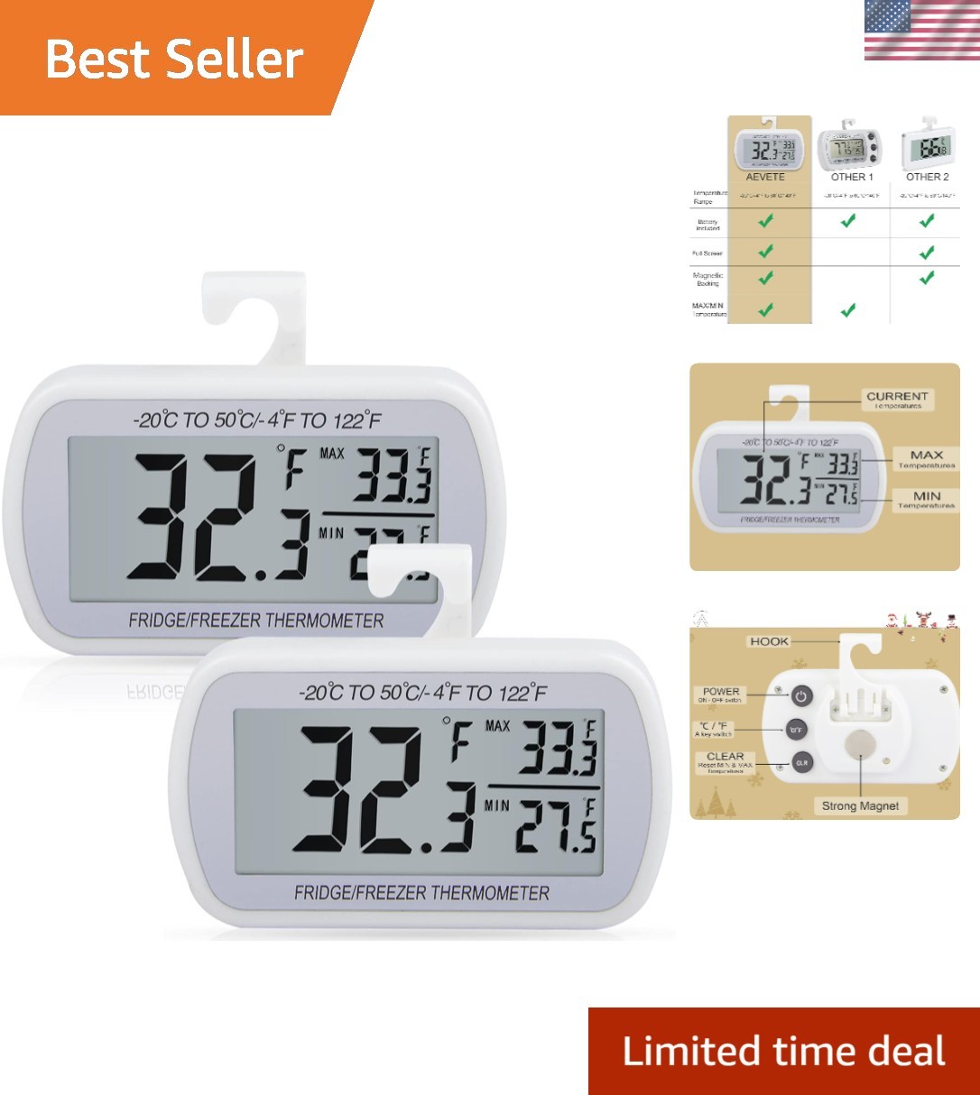 2 Pack Waterproof Digital Refrigerator Thermometer Large LCD, Freezer Room Th...