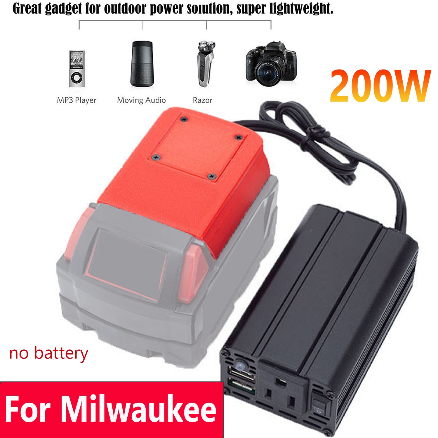 Battery Power Inverter For Milwaukee 18V Battery w/ AC110V & 2-USB Port  US 200W