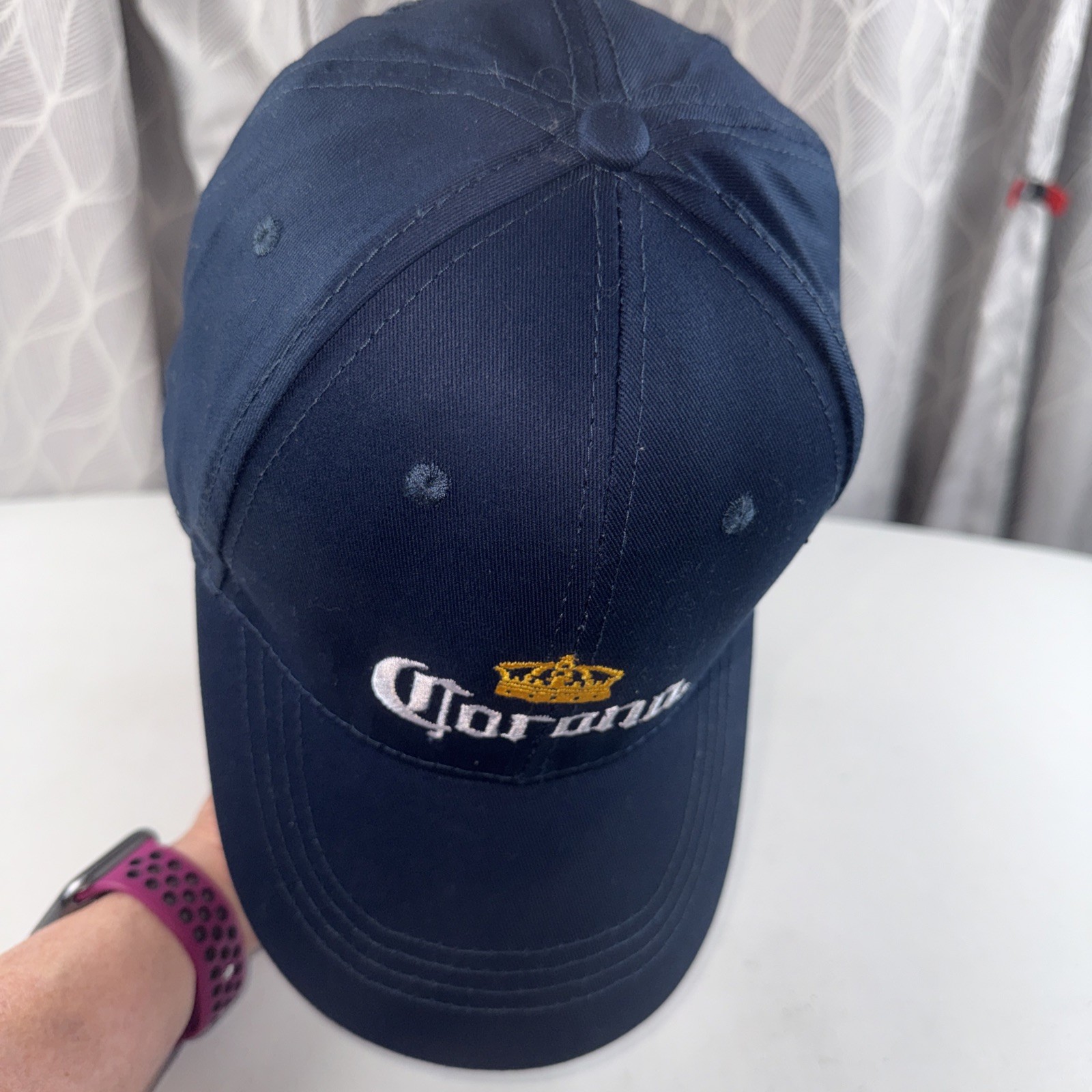 Corona in White Letters w Gold Crown on Navy Hat Cap Hook Loop