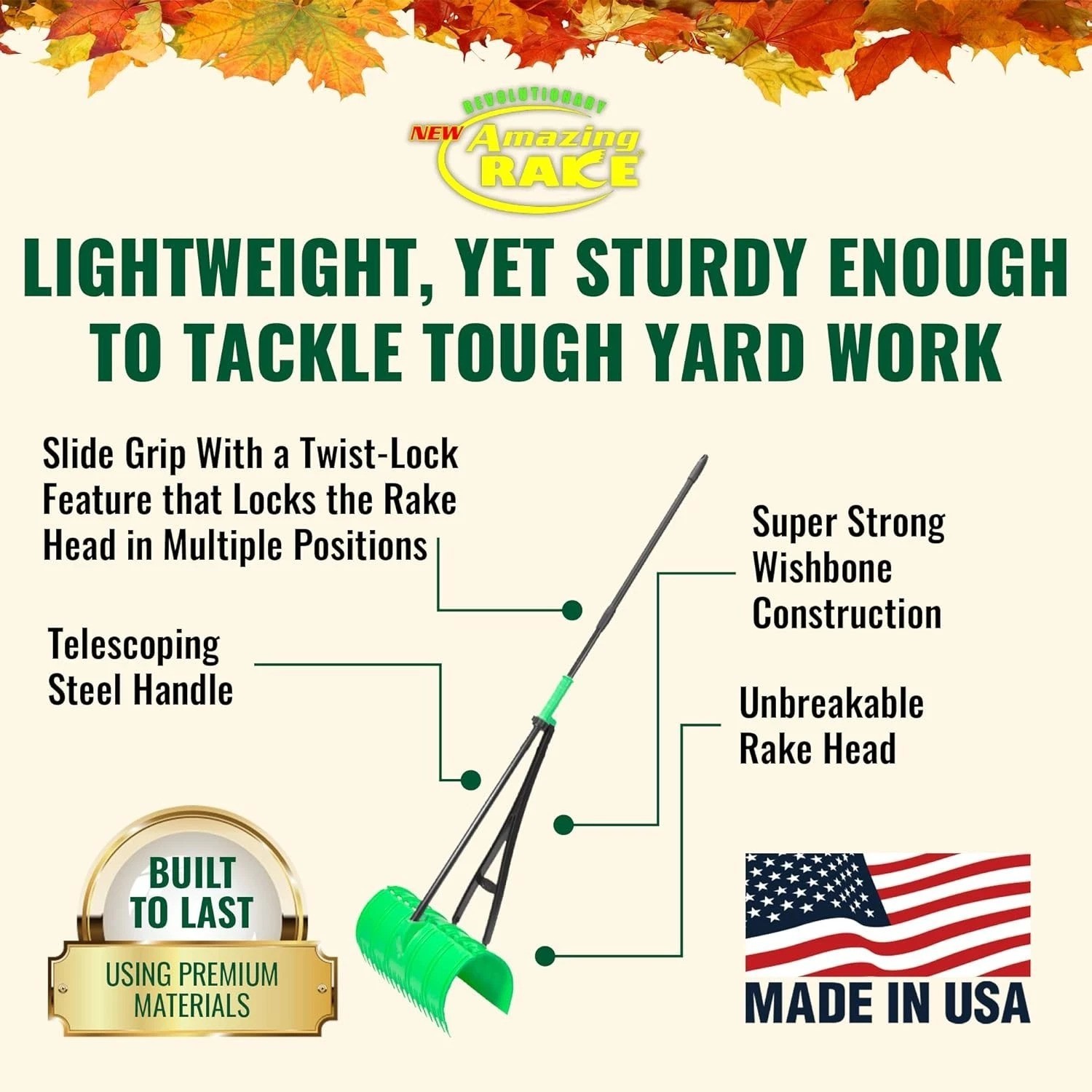 Lightweight Leaf Rake Green 3-in-1 Scoop & Grab - Unbreakable PP