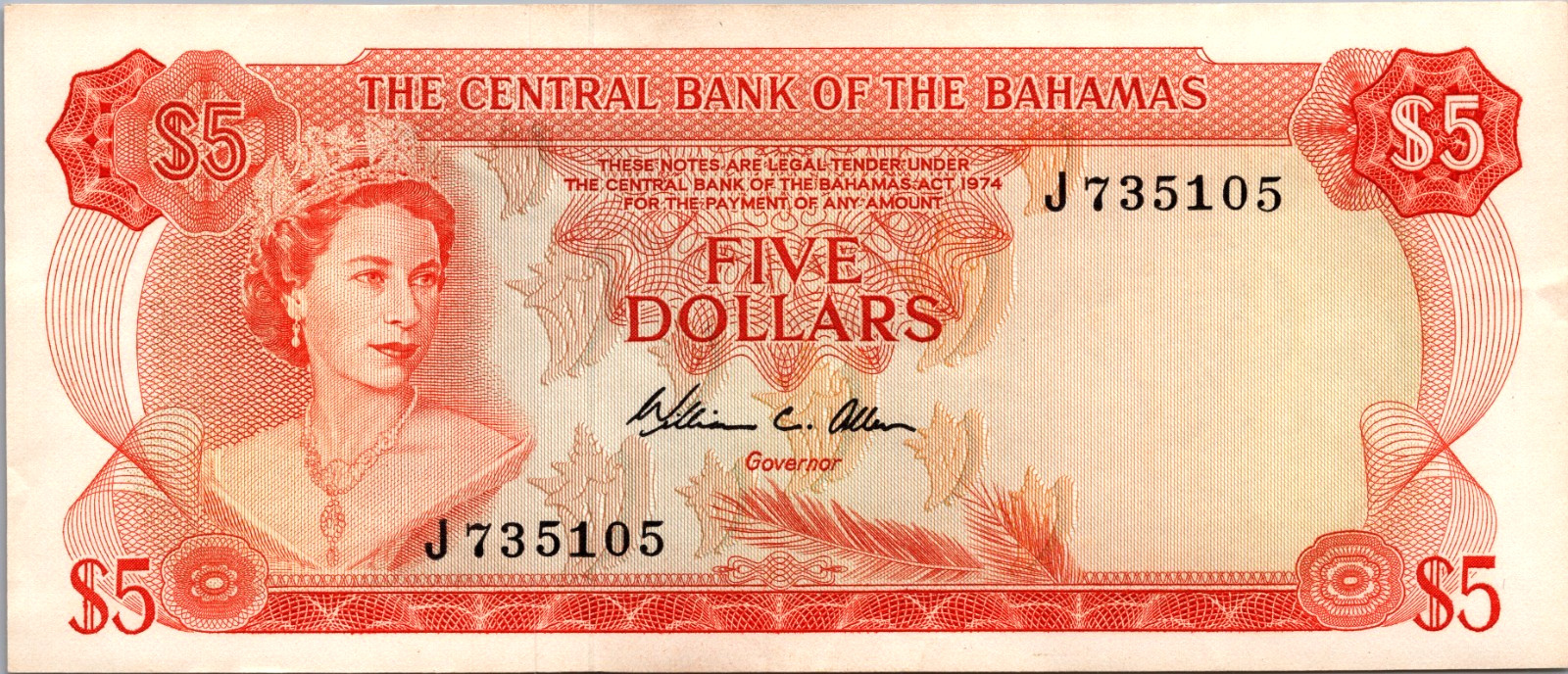 Bahamas $5 1974 Pick # 37b " ALLEN SIGNATURE "