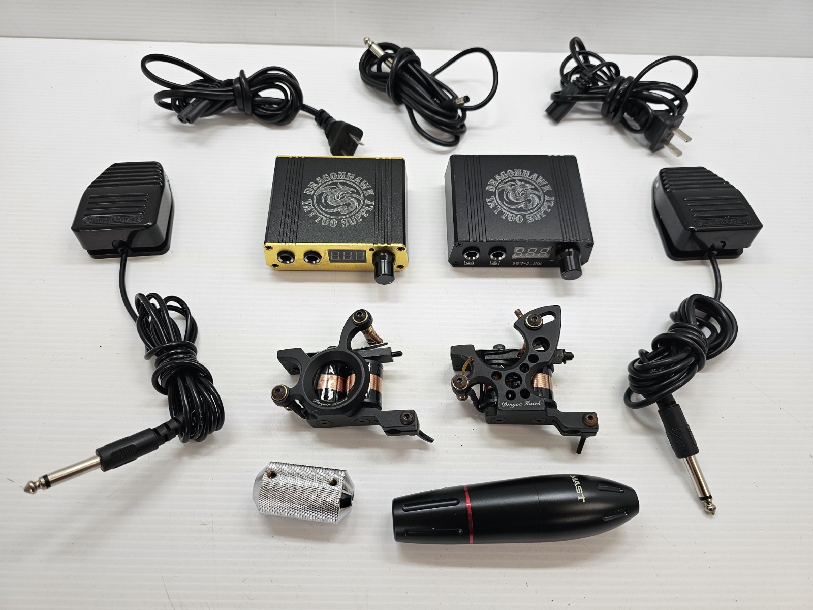 Dragonhawk Tattoo Machine Set w/ 2 Power Supplies & Mast Rotary Pen Kit