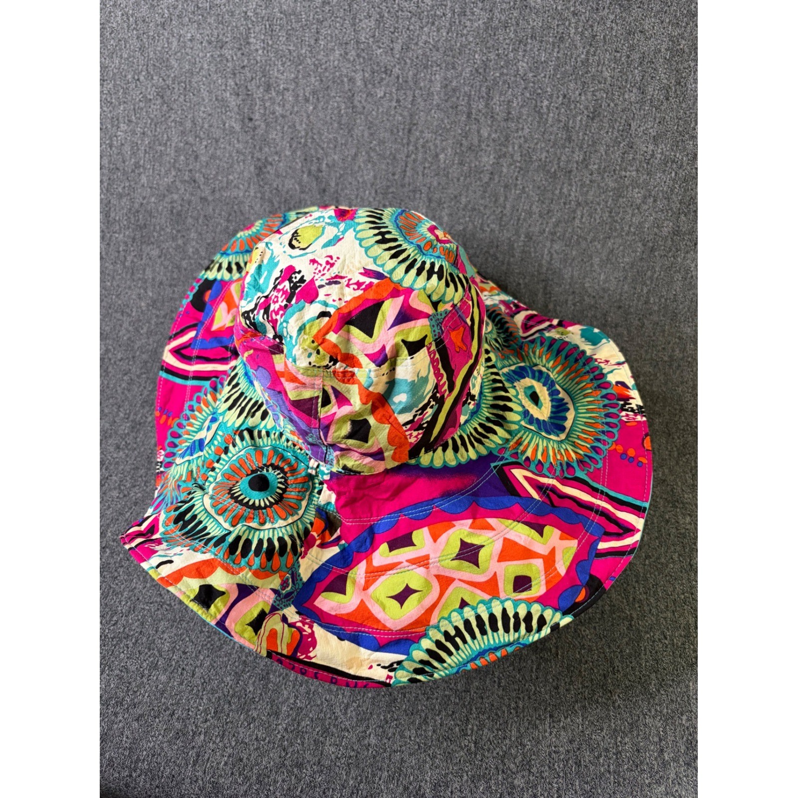 Multicolor Abstract Psychedelic Print Wide Brim Sun Hat Turquoise Lining Boho