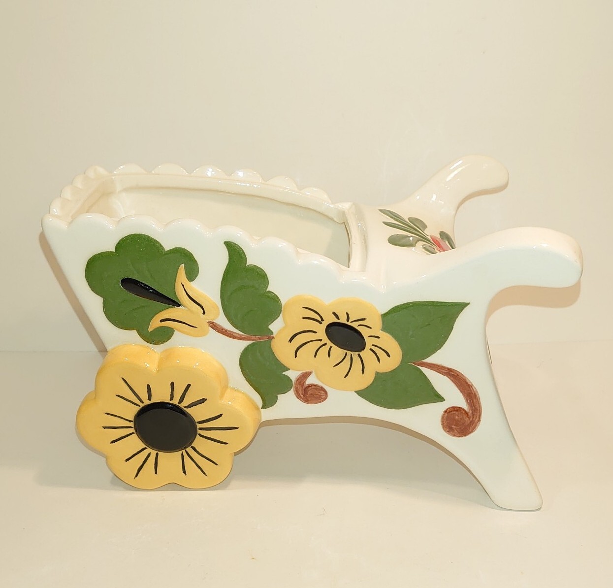 Ceramic Wheelbarrow Garden Cart Planter Vase 9"Lx6"Wx5.5"T Sunflowers Heart Bird