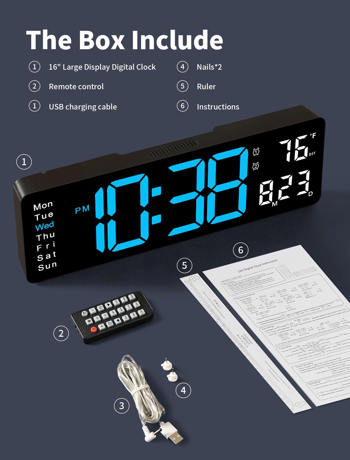 Digital Wall Clock, 16" Large Display Digital Clock with Remote Control, Auto...