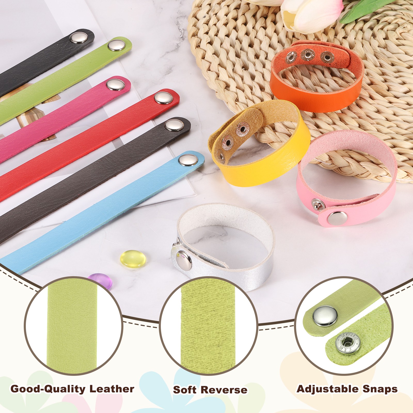 10 Pcs Plain Leather Bracelets Leather Snap Bracelets, Green