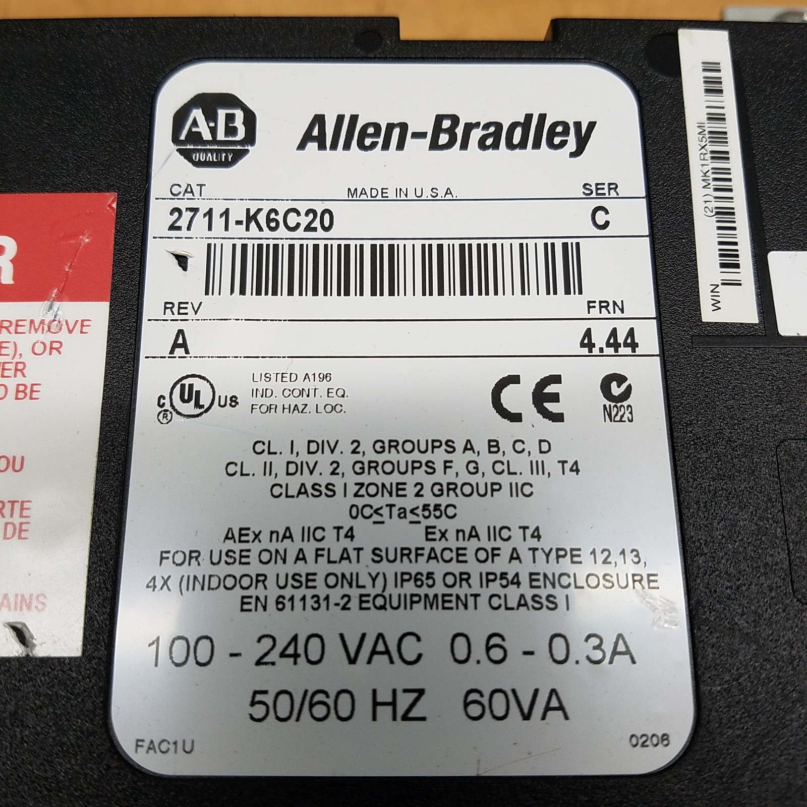 Allen Bradley 2711-K6C20 Series C PanelView 600 Interface Panel ,100-240Vac