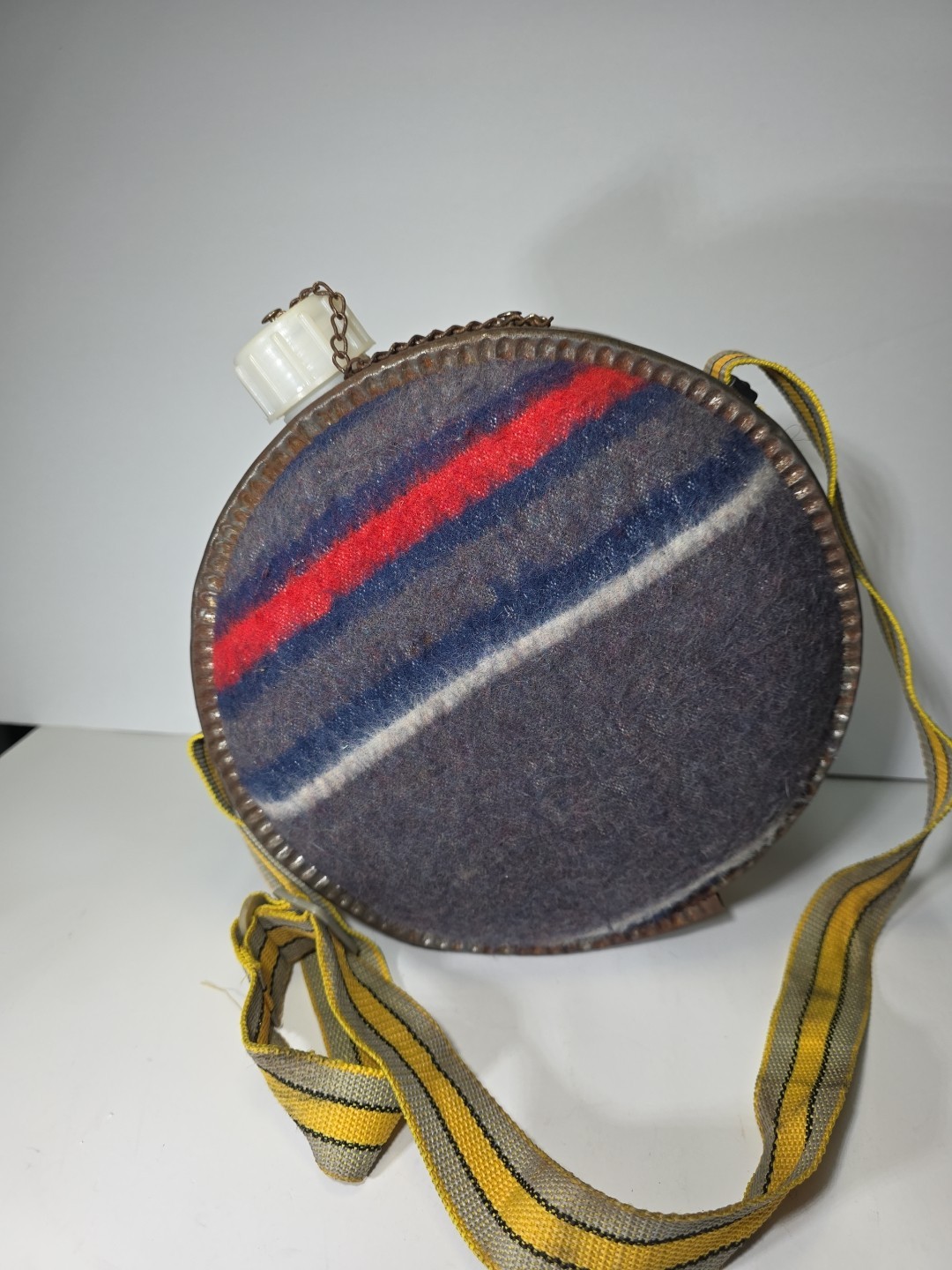 Vintage 2 Qt. Round Galvanized Metal Canteen Wool Fabric Sided with Strap & Cap