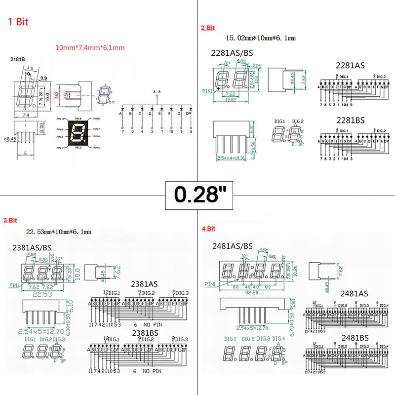 0.28/0.36/0.4/0.56/0.8" Red led Display 7 Segment Common Cathode/Anode 1-4 Digit