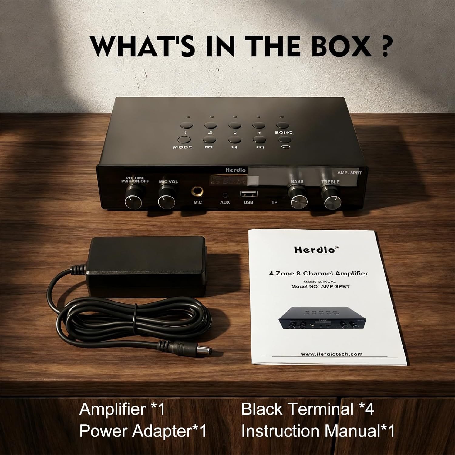Herdio 8-Channel Amplifier Bluetooth Bass Treble Control for Passive Speakers