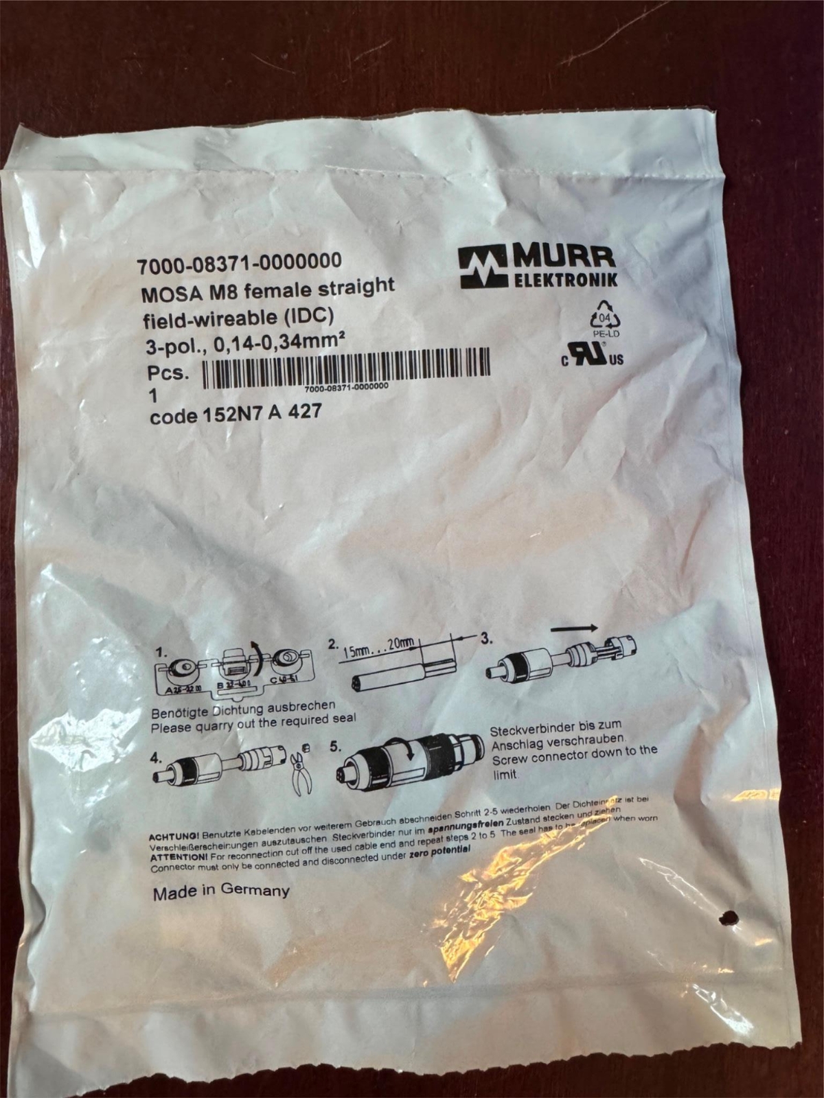 MURR 7000-08371-0000000 M8 FEMALE ST FIELD WIREABLE 3 PIN - NEW IN ORIG. BAG
