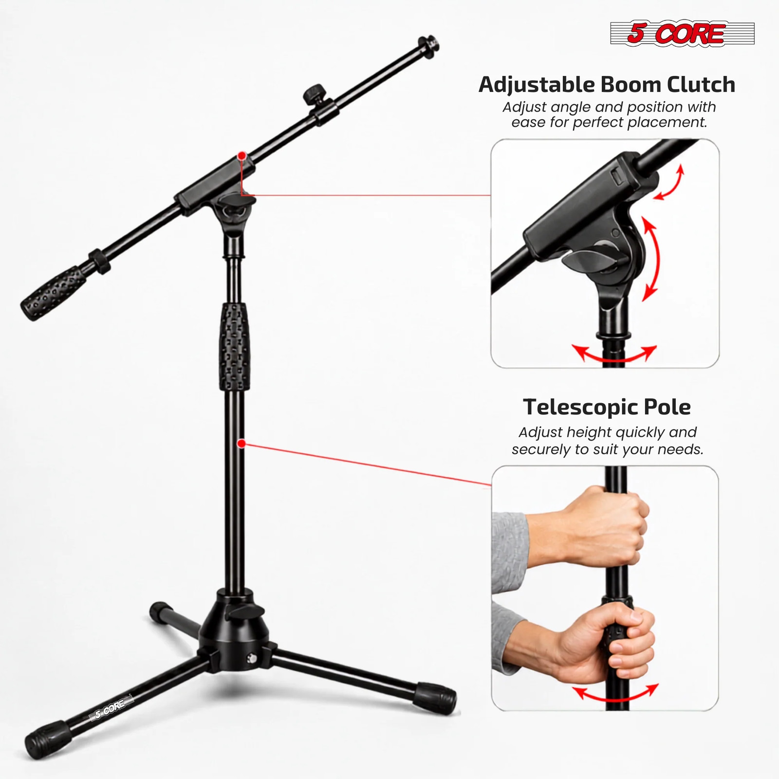 5 Core Microphone Stand Floor Adjustable Height Extendable Telescopic Boom Arm
