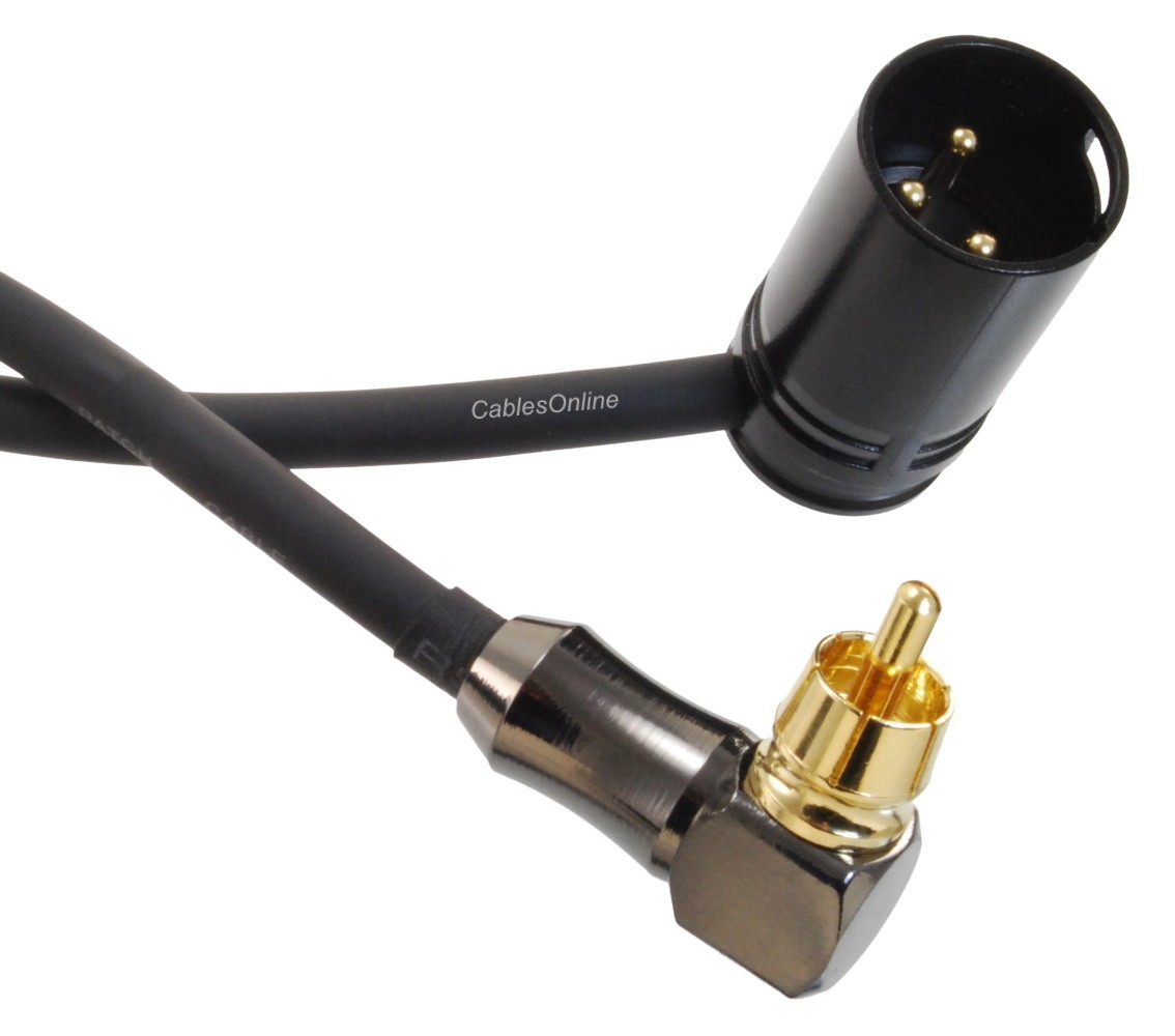 Low-Profile Right-Angle 3-Pin XLR Male to Right-Angle RCA Male Cable