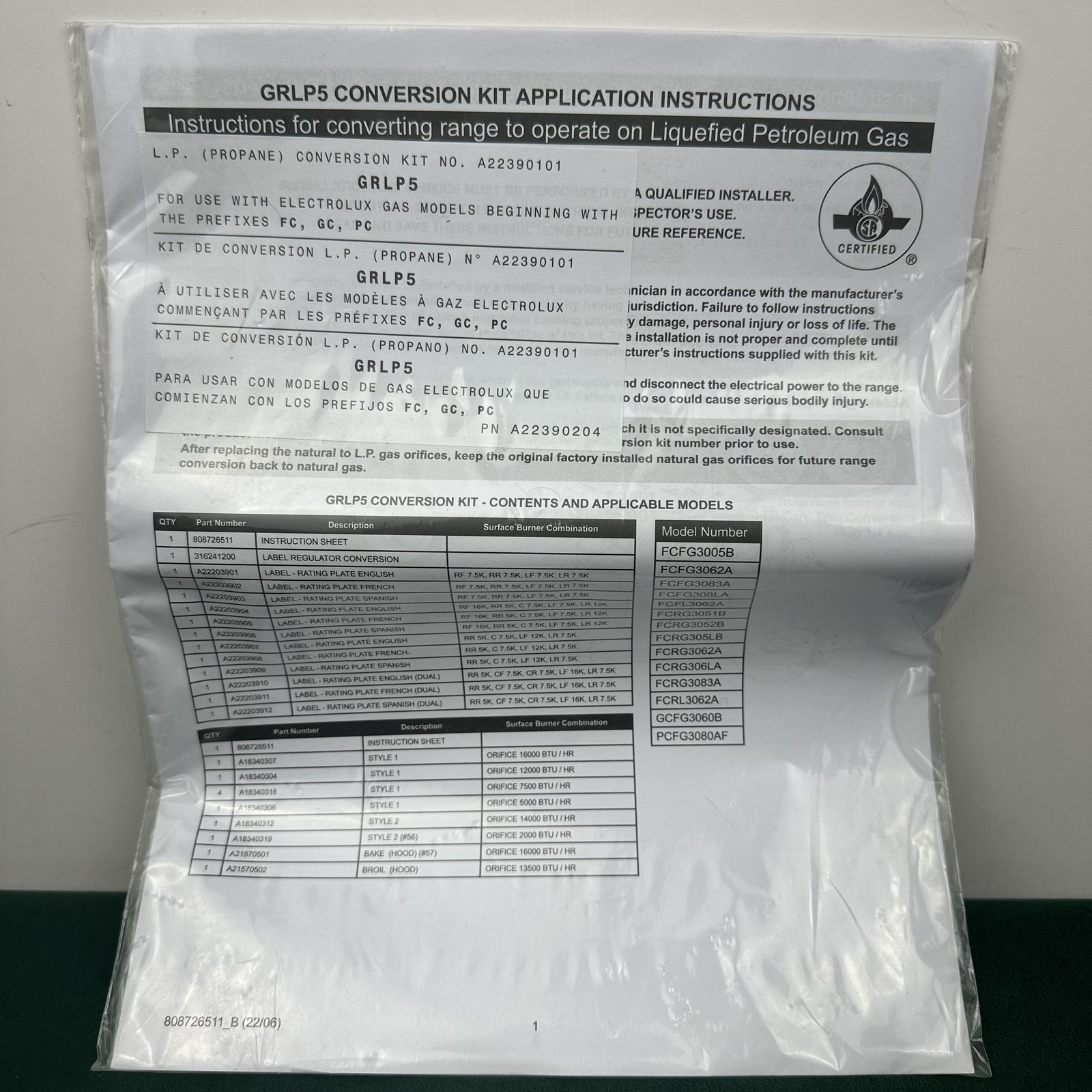 Electrolux GRLP5 LP Propane Gas Conversion Kit A22390101 for FC GC PC Ranges