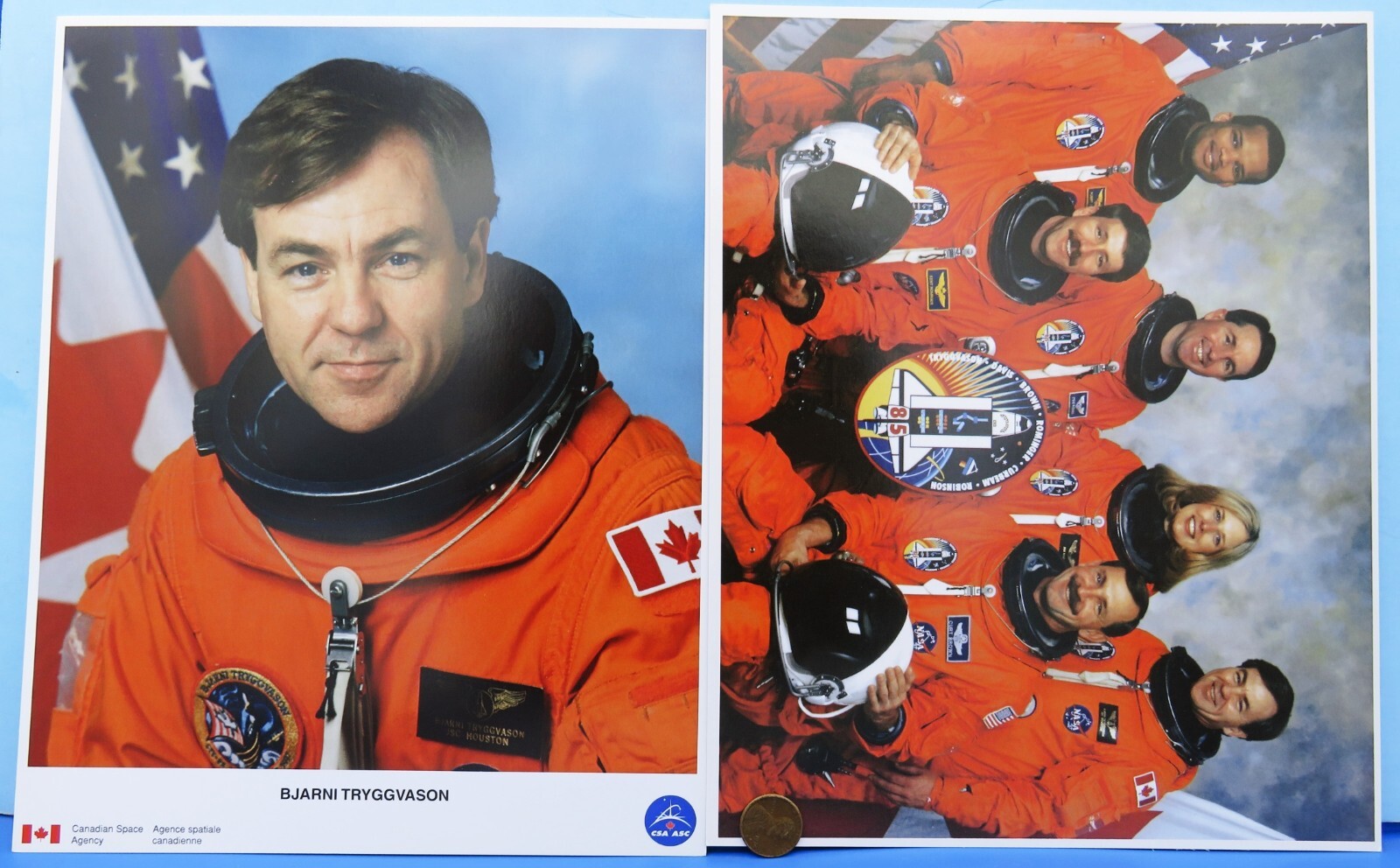 NASA CSA litho Photo Pair vtg Astronaut TRYGGVASON Canada COLOR STS-85 DISCOVERY