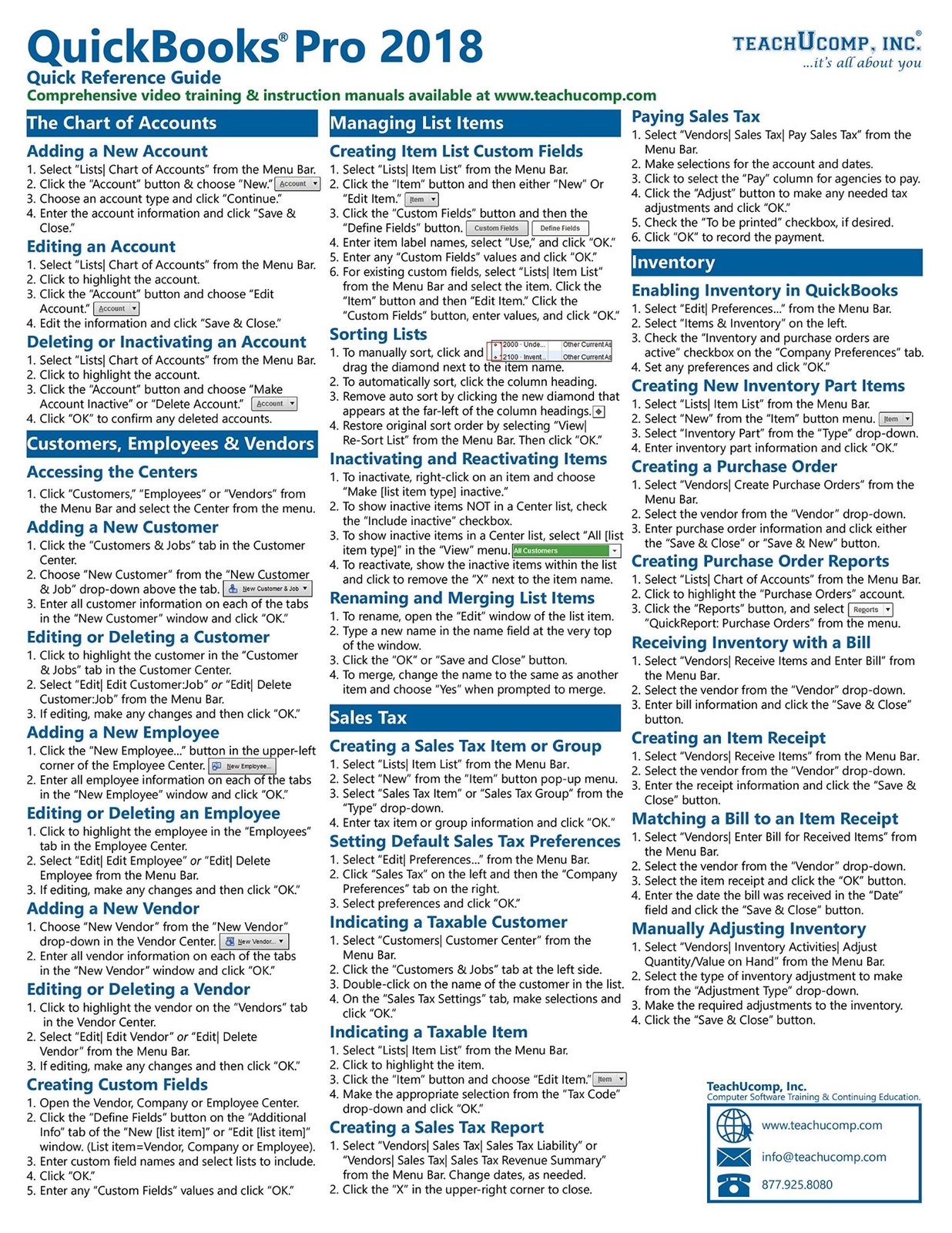 QuickBooks Pro 2018 Training Guide Quick Reference Card 4 Page Cheat Sheet