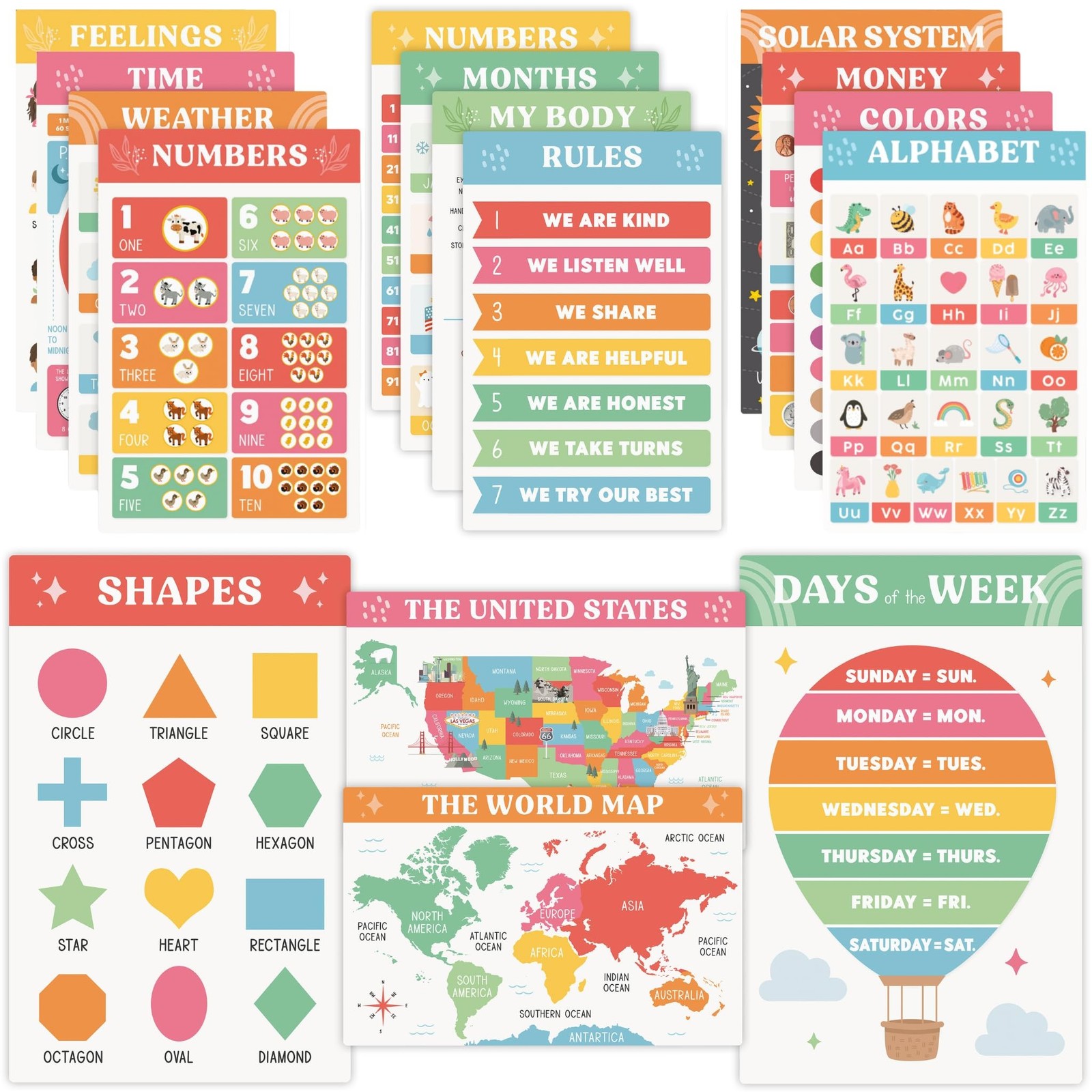 Fun Educational Posters for Toddlers – Set of 16 Easy to Read Learning Pos