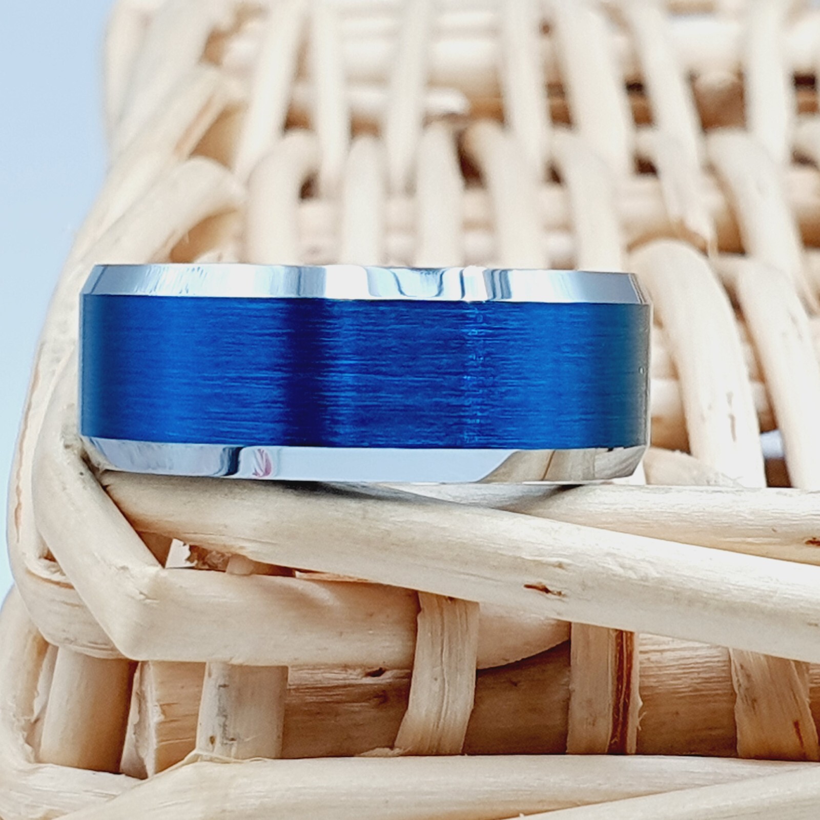 Blue Tungsten Ring for Him & Her –Brushed Finish Anniversary and Engagement Band