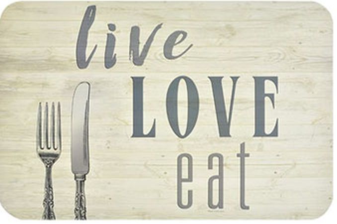 Set of 4 NON CLEAR HARD PLASTIC PLACEMATS 18"x12",LIVE LOVE EAT, FORK & KNIFE,GR