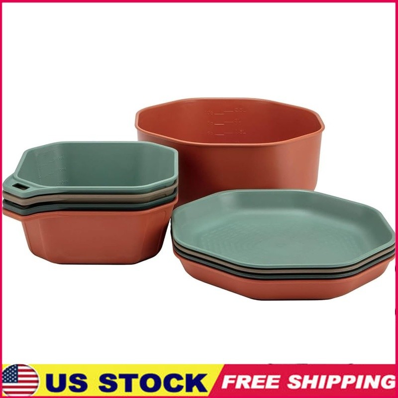 9 Piece Outdoor Dining Set Portable Camping Cookware Plates Bowls Meal Prep New