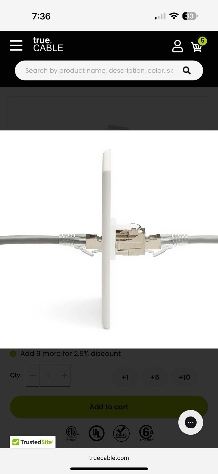 True Cable Cat6A Shielded Keystone Coupler | 12 Pieces