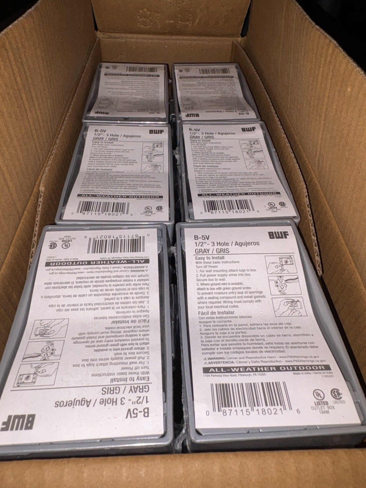 Box Of 20 B5-5V BWF 1 GANG WEATHERPROOF BOX THREE 1/2" HOLES