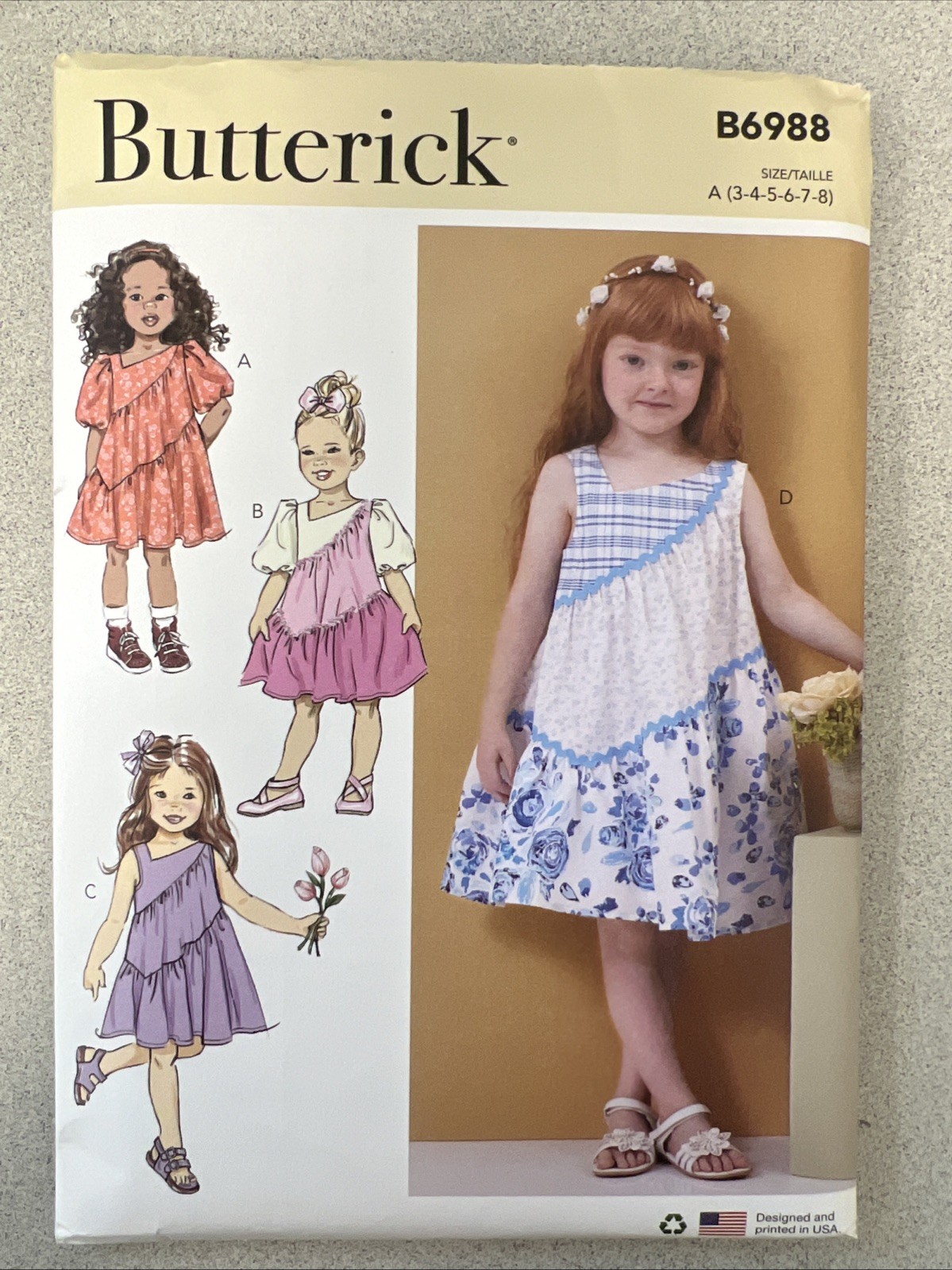 UNCUT Butterick B6988 Children's Girls Dress, Sundress A (3-8) Sewing Pattern