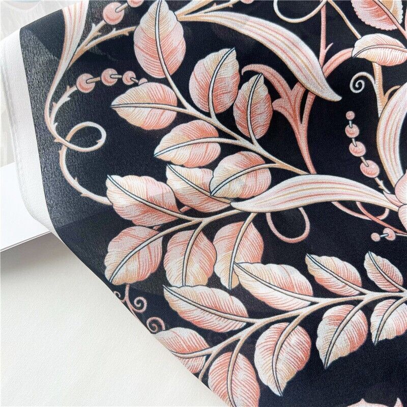 Flower Print Mulberry Silk Crepe Shawl Neckerchief Oblong Scarf Black/Pink
