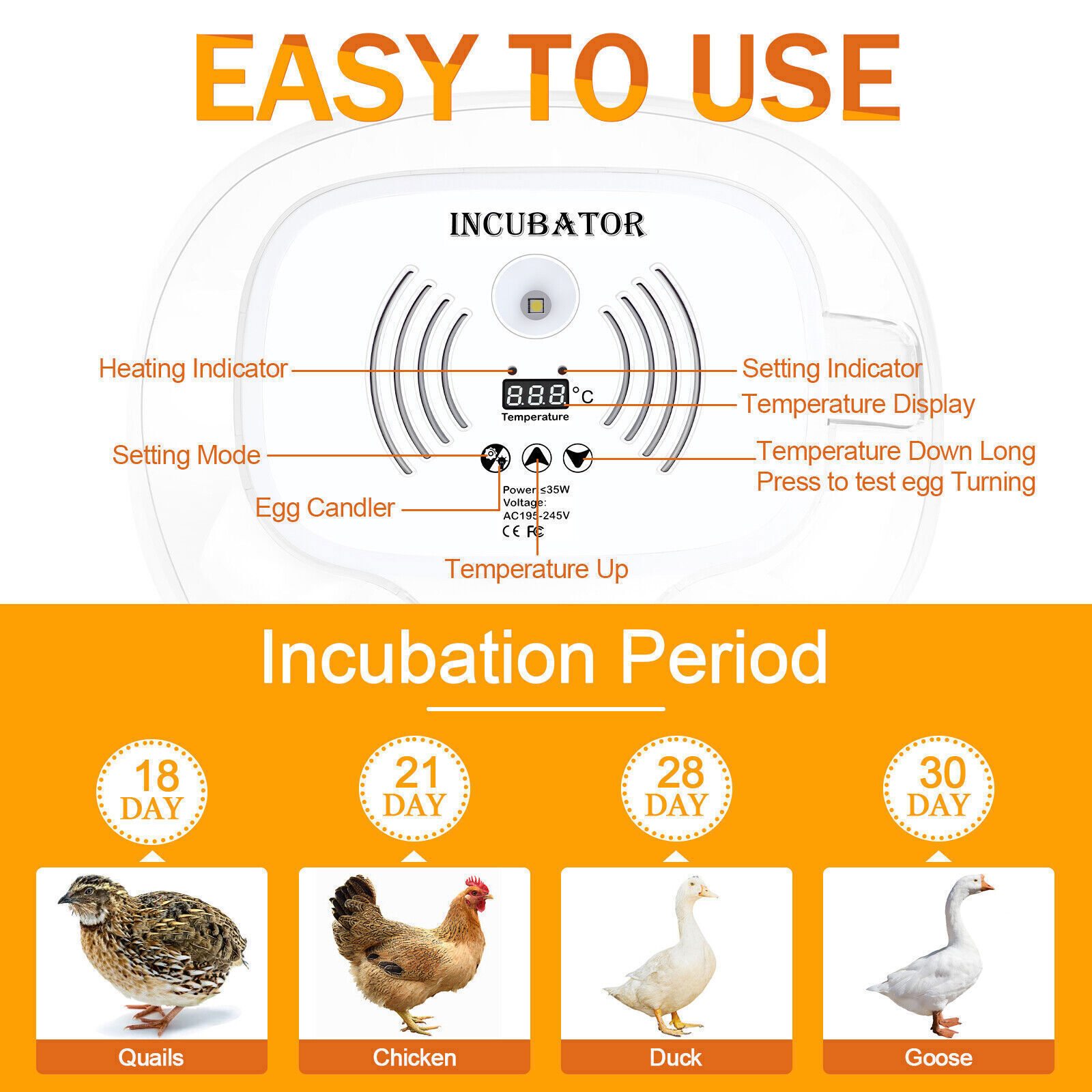 16 Eggs Incubator for Hatching Chicken Duck w/ Auto Egg Turning & Water Adding